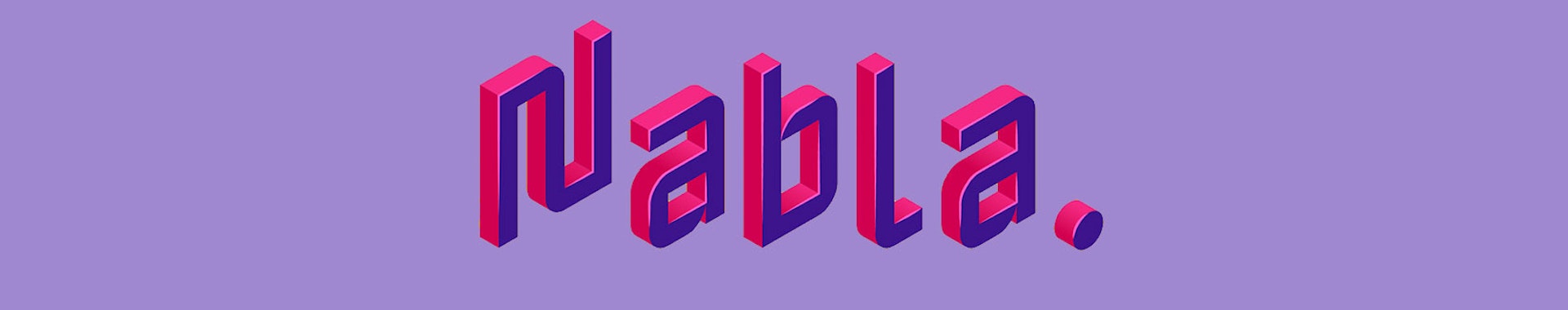 Color variable font Nabla in pinks and purples, rotated slightly with 3d highlights with a mustard background