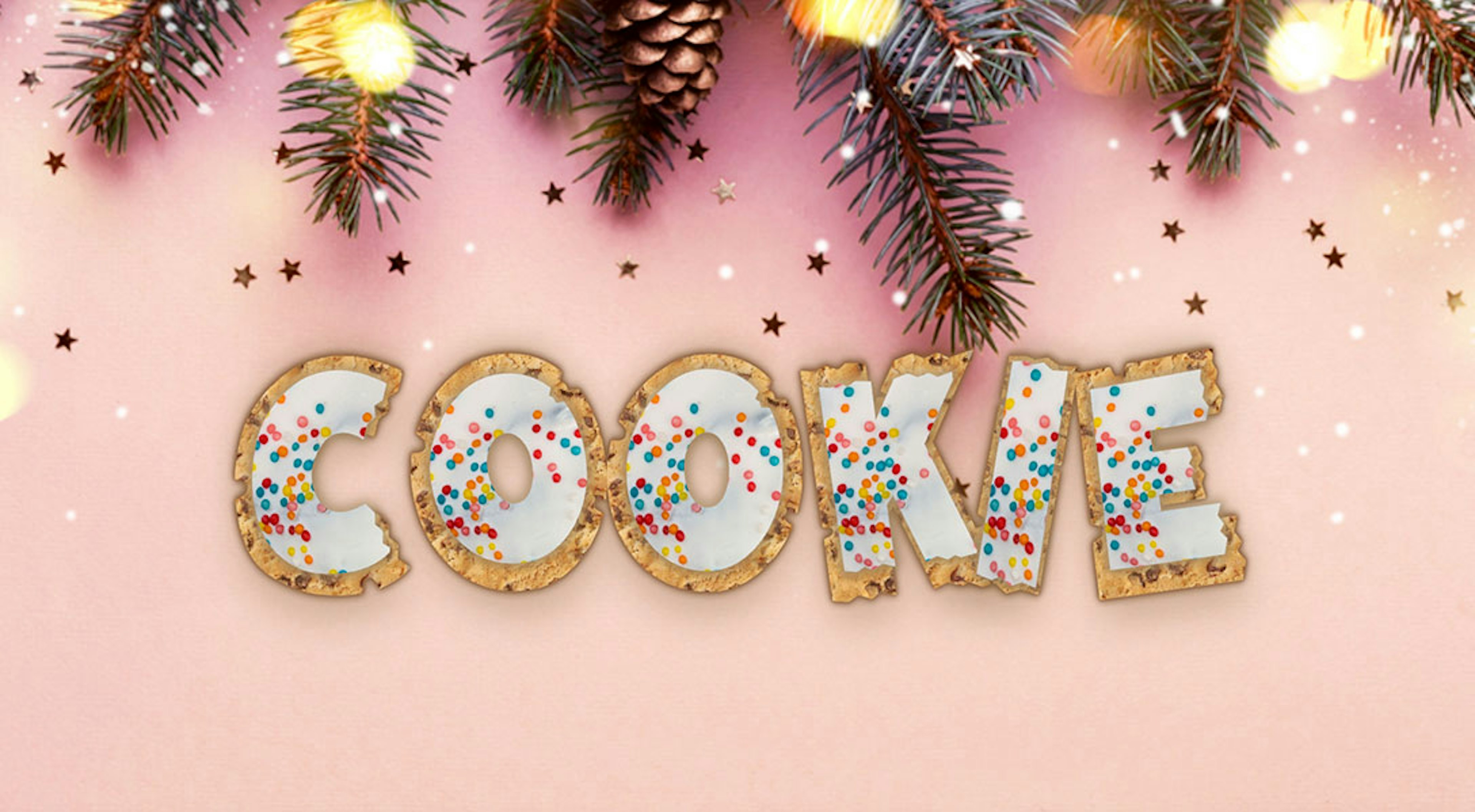 Text that says cookie with a cookie base and white icing and sprinkles on top the background is a christmas theme